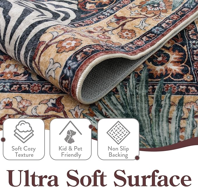 Moynesa Tiger Washable Area Rug, Boho 6x9 Rug for Living Room, Vintage Large Soft Bedroom Rug, Non Slip Ultra Thin Stain Resistant Floor Carpet for Dining Room Home Office, Puce Red