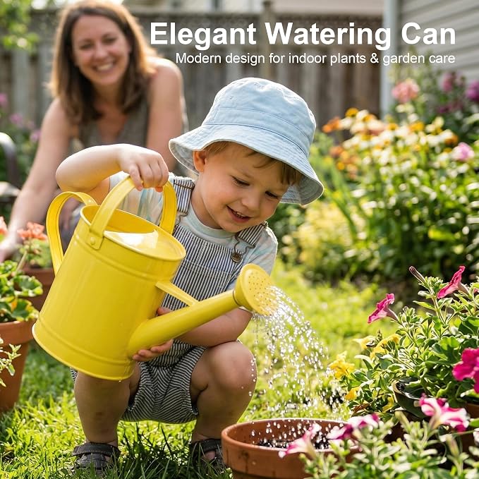 DUSVALLY Yellow Metal Watering Can for Indoor and Outdoor Plants, 55oz Decorative Garden Watering Can with Removable Sprinkler Spout, Small Farmhouse Plant Waterer for Houseplants, Patio, Flowers