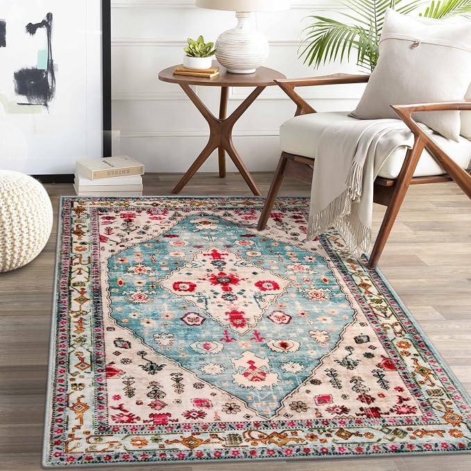 Lahome Felice 3x5 Boho Tribal Washable Rug, Non Slip Rugs for Entryway Bedroom Living Room, Vintage Ultra Soft Non-Shedding Indoor Floor Throw Carpet for Kitchen Dorm Coffee Table, Aqua
