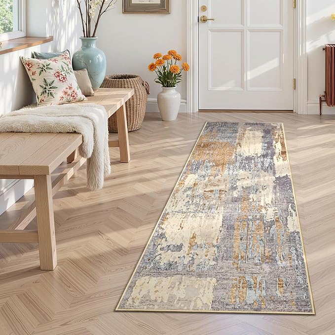 Toneed Washable 2x6 Non-Slip Abstract Runner Rug for Hallway Kitchen | Soft Modern Low Pile Area Rugs for Bedroom Laundry Living room,Indoor Carpet for Bedside Home Decor, Camel
