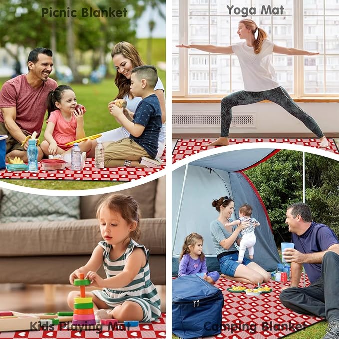 Checkered Love Blankets Waterproof Foldable,60''x80'' Portable Dual Layers Outdoor Travel Camping Backpacking Hiking Beach Blanket Mat for Grass Padded Lawn Park Beach,Checkered Picnic Accessories
