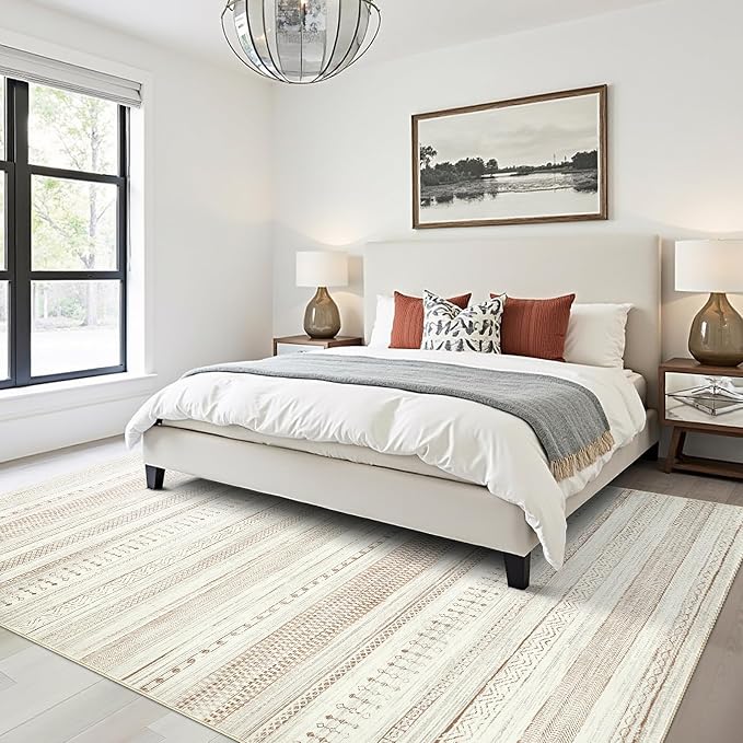 Boraya Area Rugs for Living Room: 6x9 Washable Boho Rug for Bedroom Large Neutral Bohemian Moroccan Farmhouse Geometric Dining Room Rugs Ultra Soft Floor Carpet Indoor for Home Office - Brown