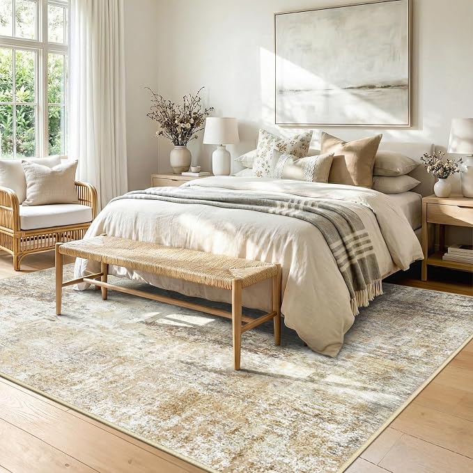RELEANY Washable 5'x8' Abstract Area Rug for Living Room Neutral Brown | Carpet for Bedroom, Kitchen, Office, Hallway and Entryway, Printed Pattern, Non‑Slip, Soft, Stain‑Resistant, Easy to Clean
