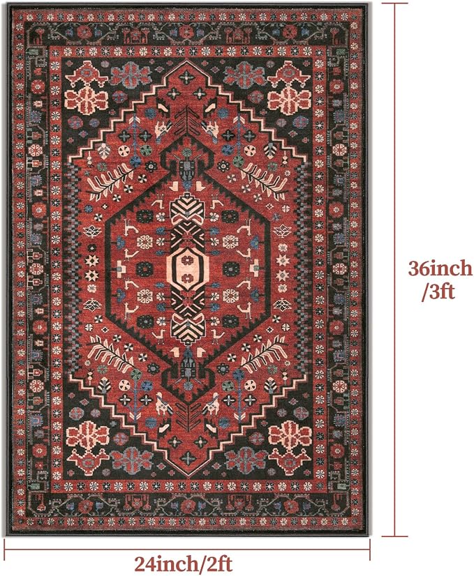 Ciicool 2x3ft Small Area Rug,Washable Boho Thin Mat for Entryway Kitchen | Oriental Non-Slip Low-Pile Indoor Carpet Soft Entry Red/black Rugs for Entrance Bedroom Kitchen Bathroom