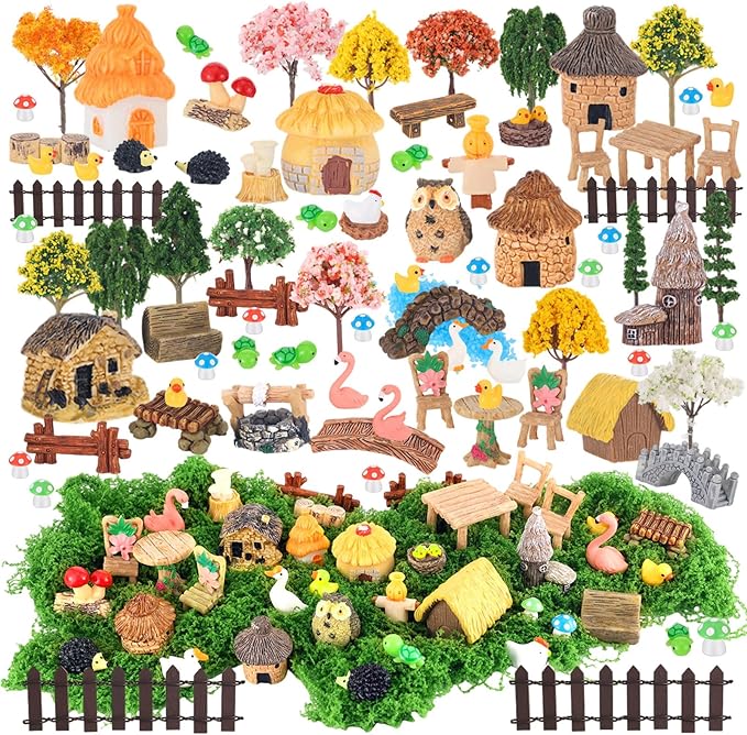 84 Pcs Fairy Garden Accessories, Miniature Village Starter Kit with Moss Model Tree Tiny Resin Animal Figures, DIY Bonsai Micro Landscape Ornament for Terrarium Succulent Dollhouse Craft