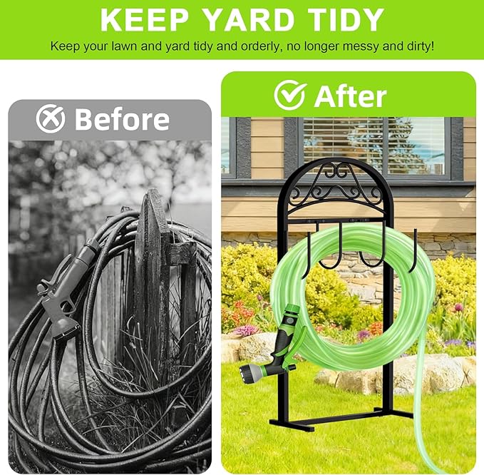 Garden Hose Holder, Hose Holder Stand Rustproof Freestanding Heavy-Duty with Sturdy Metal Hose Stand and Hanger, Hoses Storage Holds 100Ft Hose Reel for Outside Yard