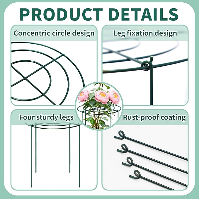 4 Sets Peony Support Cage,18"Diax24"High Heavy Duty Metal Plant Support,Grow Through Hoops Grids with 4 Thickened 6mm Legs,Strong Support Brace for Heavy Blossoms,Flower Support Ring for Peonies,Rose