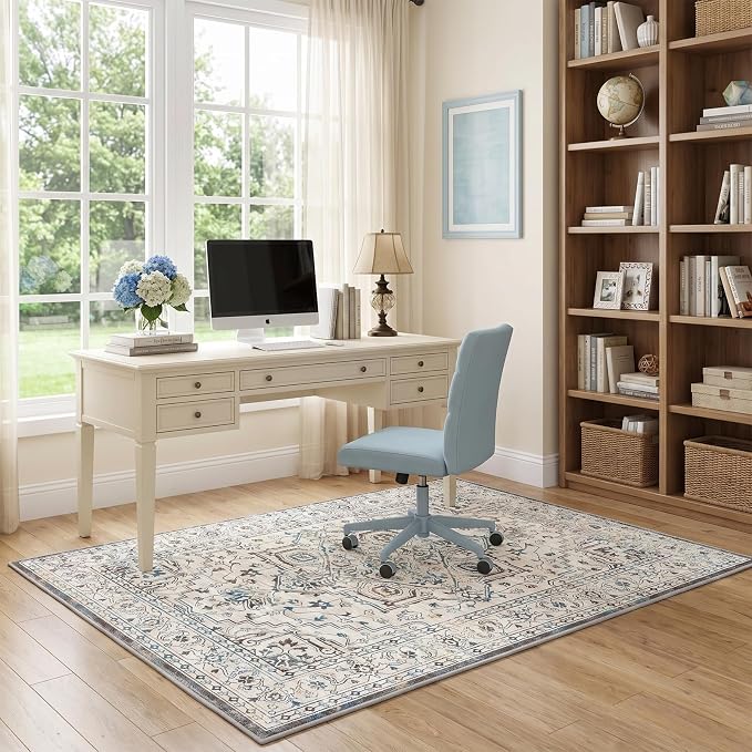 Vintage Washable Area Rug 3x5, Non-Slip Low-Pile Elegant Persian Carpet for Bedroom Kitchen Entryway Office, Stain Resistant Traditional Indoor Small Rug, Neutral Cream Blue