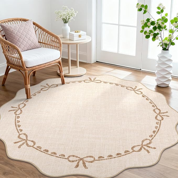 GarveeHome 5ft Round Rugs Washable Scalloped Bow Rug for Bedroom, Beige | Non Slip Soft Low Pile Ultra-Thin Indoor Carpet for Living Room Nursery Girls Dorm Decor Kids Room Playroom
