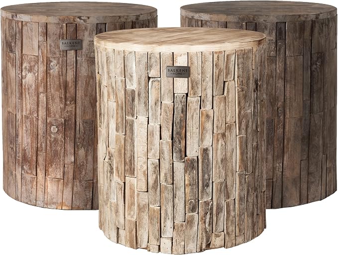 Balkene Home Patio Sense 62420 Elyse Round Rustic Garden Stool Wood Outdoor Seating & End Table Portable Adaptable Outdoor Furniture Ideal for Entertaining, Gardening & Decor - Seasoned Patina Finish