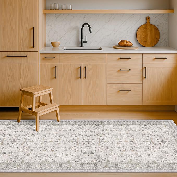 Washable 8ft Long Runners for Hallways, 2x8 Light Gray & Sage Kitchen Runner Rug, Entryway Indoor Runner for Bathroom, Non Slip Boho Vintage Floor Décor for High Traffic Area