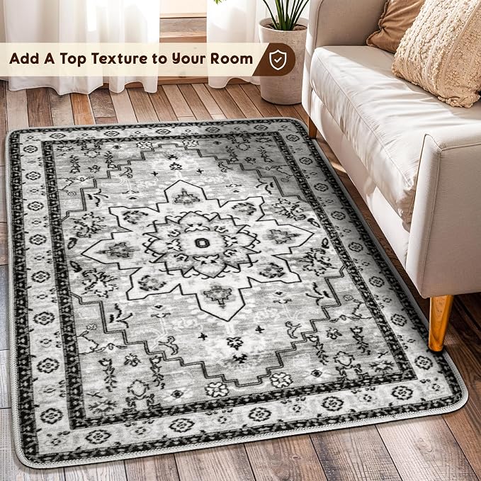 LBRO2M Machine Washable Rug Soft Pet Friendly Carpet 2X3 Gray | Persian Rug 2X3 for Entryway, Kitchen, Bathroom Non Slip Carpet, Foldable Stain Resistant Rugs