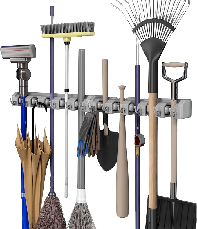 Garden Tool Organizer Wall Mount Broom and Mop Holder, 5 Adjustable Slots and 6 Hooks Utility Rack for Garage or Home Organization, 2-Pack by Stalwart