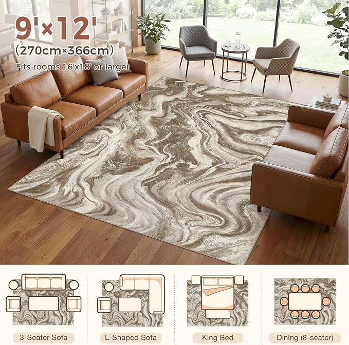 DMOYEST 9x12 Area Rug for Living Room Washable Abstract Indoor Carpet | Neutral Modern Low Pile Rugs Kid & Pet Friendly Large Soft Thin Carpet for Bedroom Dining Room and Office - Sand Brown