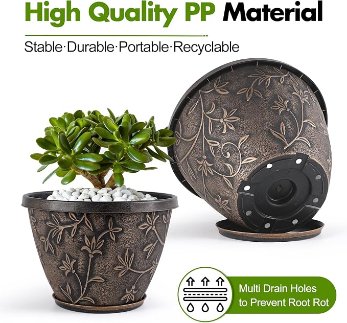 Nooulap 12 Inch Pots for Plants with Drainage, Large Plastic Flower Pots Outdoor Indoor, Decorative Planters with Gold Flower Pattern for Home, Porch, Balcony & Garden (Retro Brown)