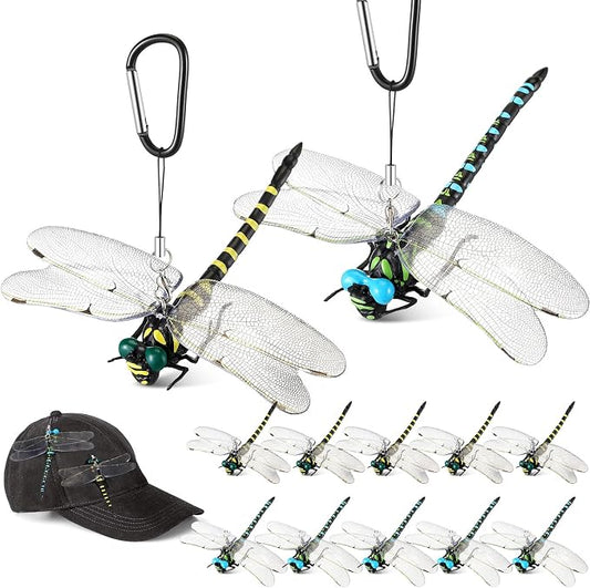 Qualirey 12pcs Dragonfly Hat Clip Realistic Simulated Dragonfly with Hook Clip Attach to Backpack Hat for Indoor Yard Garden Plant Decor (Yellow,Blue)