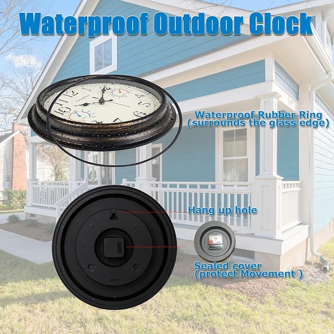 Crosstime 16 Inch Large Outdoor Clock Waterproof with Thermometer and Hygrometer Combo, Retro Indoor Outdoor Wall Clocks for Patio, Pool, Garden, Backyard Decor- Bronze