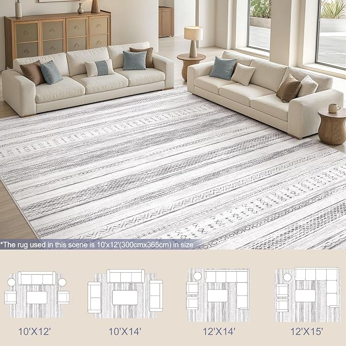 Area Rug Living Room Rugs - 10x14 Washable Large Soft Neutral Boho Moroccan Bohemian Farmhouse Rug Indoor Floor Carpet for Bedroom Under Dining Table Home Office Decor - Light Grey