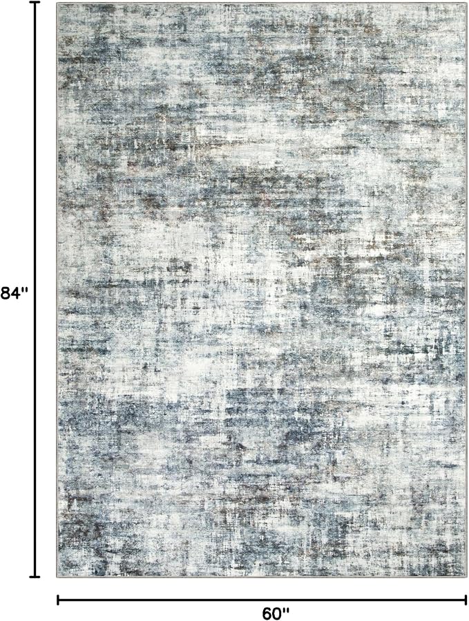 5x7 Area Rugs for Living Room: Washable Abstract Blue Multi Badroom Carpet | Non-slip TPE backing makes this washable soft low-pile rug safe & durable, Pet-friendly decor for dining room,nursery,office