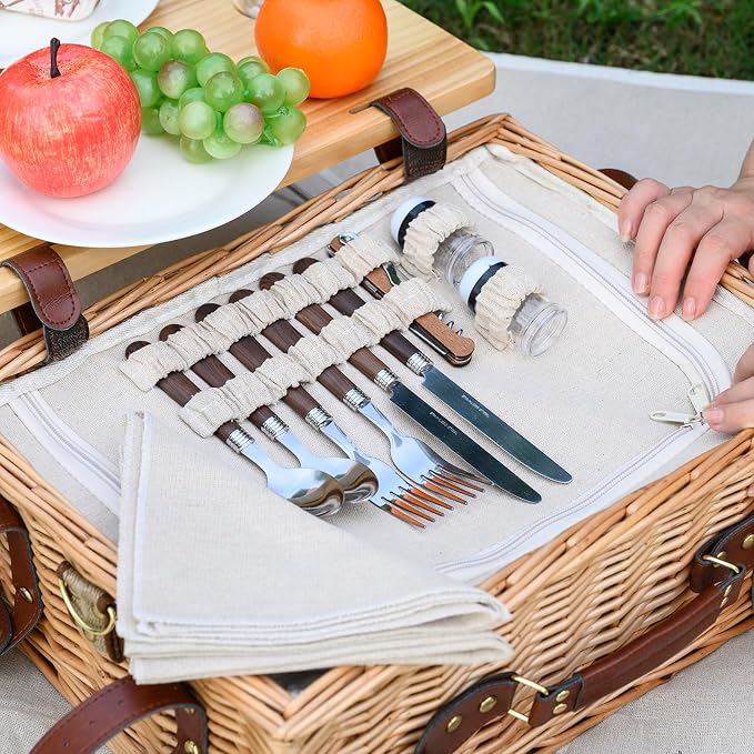 Multifunctional Wicker Picnic Basket Set for 4 with Blanket and Picnic Table, Insulated Picnic Set with Full Tablewares for Camping Outdoor Couples,Natural