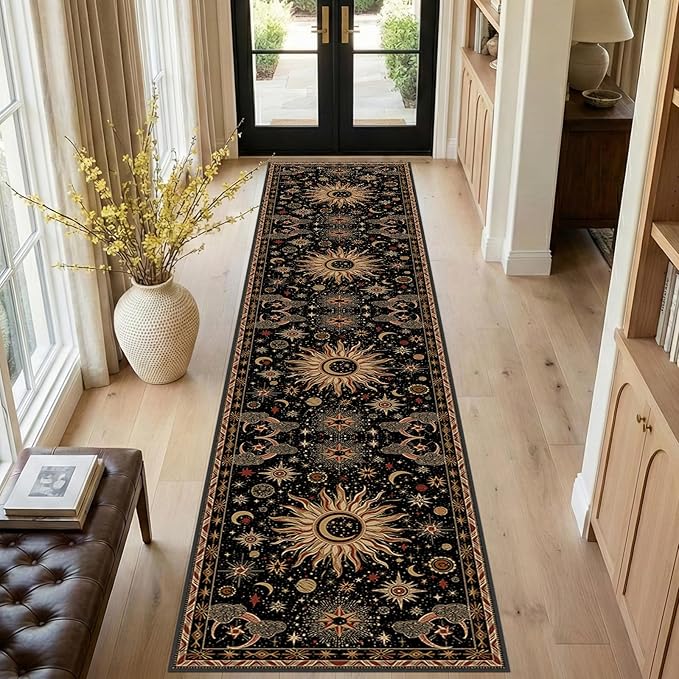 Vacuum-Friendly, 2x10 Washable Area Rug, Black Gold Beige Red | Sun and Moon Boho Gothic Non-Slip Low Pile Living Roon Bedroom Dining Room Kitchen Entry Entryway Entrance Hallway Doormat