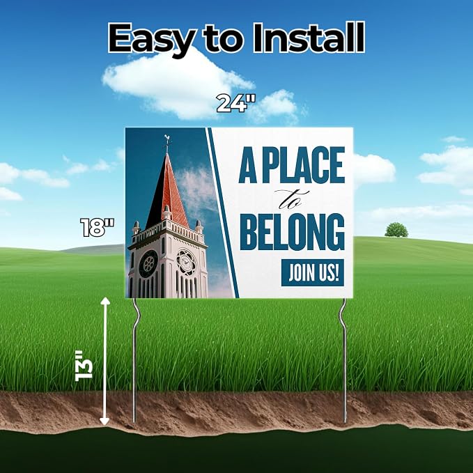 A Place to Belong - Join Us! Yard Sign by DC | 24"x18" Double Sided Church Garden Sign with 13” Metal Stakes | Outdoor Signs Waterproof for Lawn, Patio, Sidewalk & House | Set of 2 | Made in USA