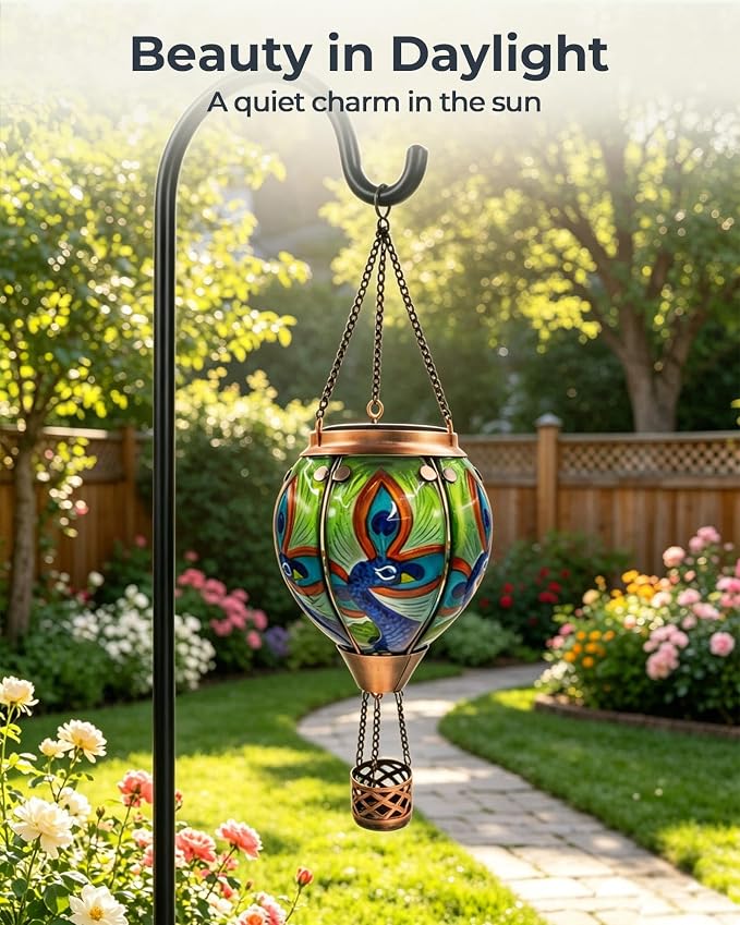 Hot Air Balloon Solar Lantern with Flickering Flame, Glass Hanging Garden Lights Outdoor Waterproof for Tree Yard Patio Mother's Day Gift (Peacock)
