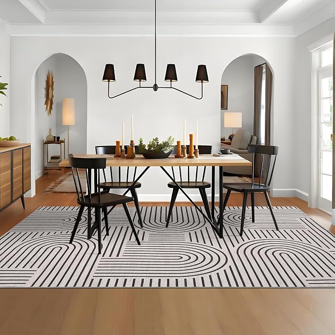 ROYHOME Modern Washable Rug Rainbow 10x13 Area Rugs for Living Room Nonslip | Abstract Rug for Bedroom, Throw Rugs with Rubber Back, Low Pile Stain Resistant Geometric Carpet for Dining Room, LightCamel