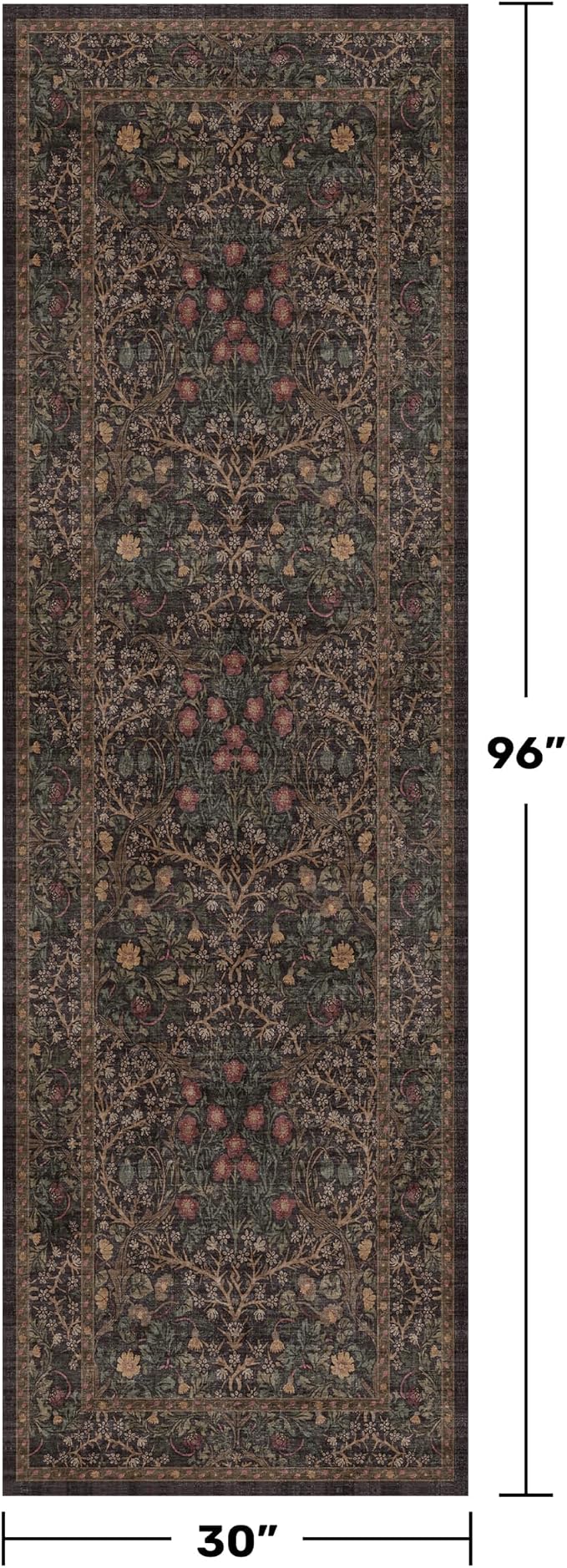 Dark Brown 2'6" x 8' Runner Rug for Hallways Non Slip, 8ft Extra Long Floor Runner for Kitchen, Entryway Indoor, Washable Rubber Backing Stain Resistant - Vintage Dark Botanical Floral Décor