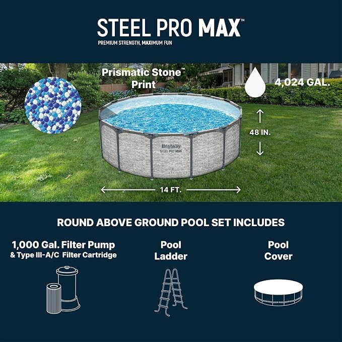 Bestway Steel Pro MAX 14' x 48" Above Ground Pool, Round Metal Frame Outdoor Swimming Pool Set with Filter Pump, Ladder, and Cover, Gray Stone Print