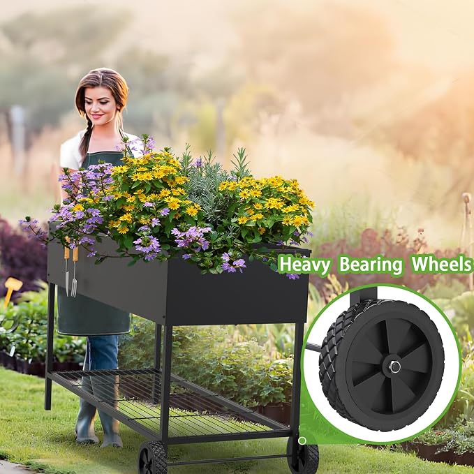 JWPEHOE 51 × 26 × 31.5 Inches Raised Garden Bed with Legs/Storage Shelf, Mobile Planter Box for Outdoor Plants, Elevated Garden Bed for Backyard, Balcony, Black