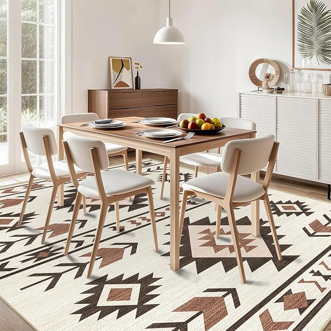 Western Area Rug 4x6 for Living Room, Southwestern Aztec Tribal Area Rugs Southwest Navajo Machine Washable Rug Non-Slip Printed Low-Pile Floor Carpet for Bedroom Dining Room Office, Beige