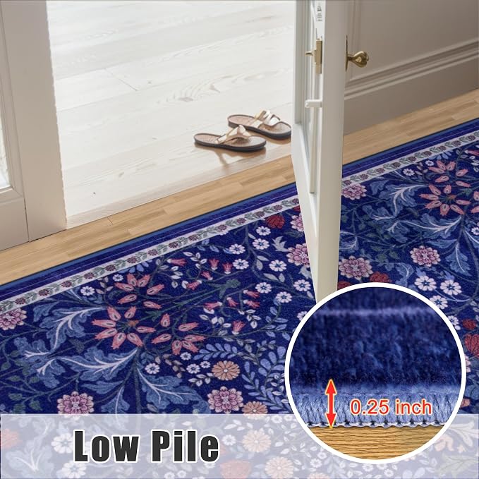 PLHXFR 2x6 Washable Runner Rug：Floral Indoor Kitchen Soft Carpet Blue | For Hallway Bedroom Kitchen Laundry Bathroom Dorm,Vintage Floral,Machine washable,Non Slip,Stain Resistant,Indoor Floor