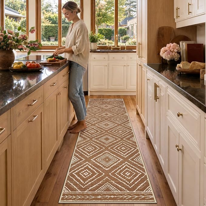 2'x10' Washable Area Rug for Living Room Runner Yellowbrown | Soft Western No Slip Low Pile Print Foldable Indoor Small Rug for Kitchen entrance entryway hallway