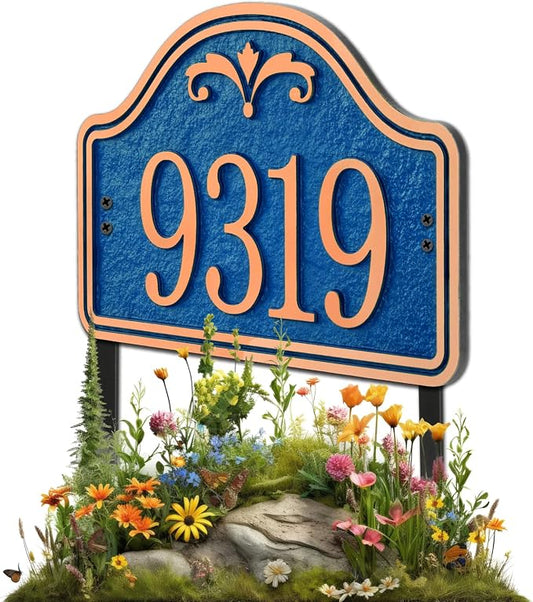 Personalized Lawn Address Plaque Sign with Stakes - House Address Signs for Outside for House,Apartment,Office,Yard (Blue/Copper)
