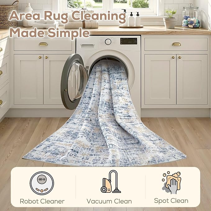 Nakagishi 6X9 Abstract Washable Area Rugs for Living Room-Blue Golden | Modern Non-Slip Silicone Backing Low Pile Soft Carpet for Bedroom Dining Decor Ideal for Families with Kids and Pets