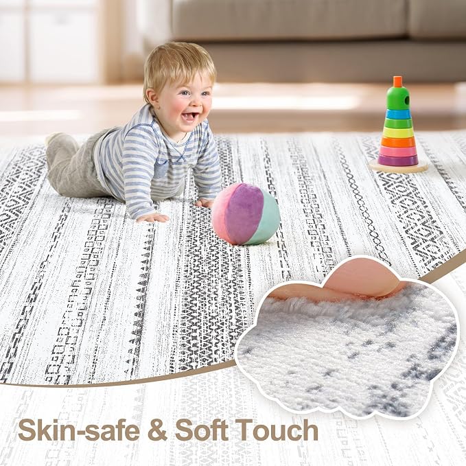kakania Washable 6x9 Area Rug for Living Room: Boho Geometry Home Decor | Soft Stain Resistant, Low-Pile, Non-Slip, Pet & Kid Friendly, Thin Rug for Bedroom/Dining Room/Kids Dorm - Square Grey