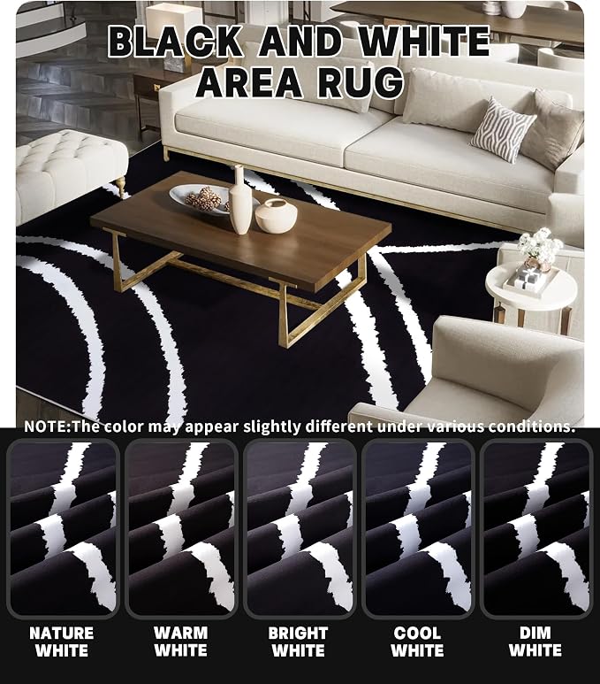 Black Modern Area Rug 5x7,Abstract Rugs for Bedroom,Minimalist Striped Rug,Black and White Geometric Rug,Dark Washable Area Rugs 5x7 Non Slip Throw Rugs for Bedroom，Office
