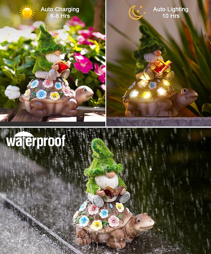Nacome Solar Gnome Riding Turtle Statue for Garden Decor | Outdoor Statues for Patio, Yard, Balcony Ornament, Turtle Gifts for Women/Mom/Grandma, Mom's Best Gift
