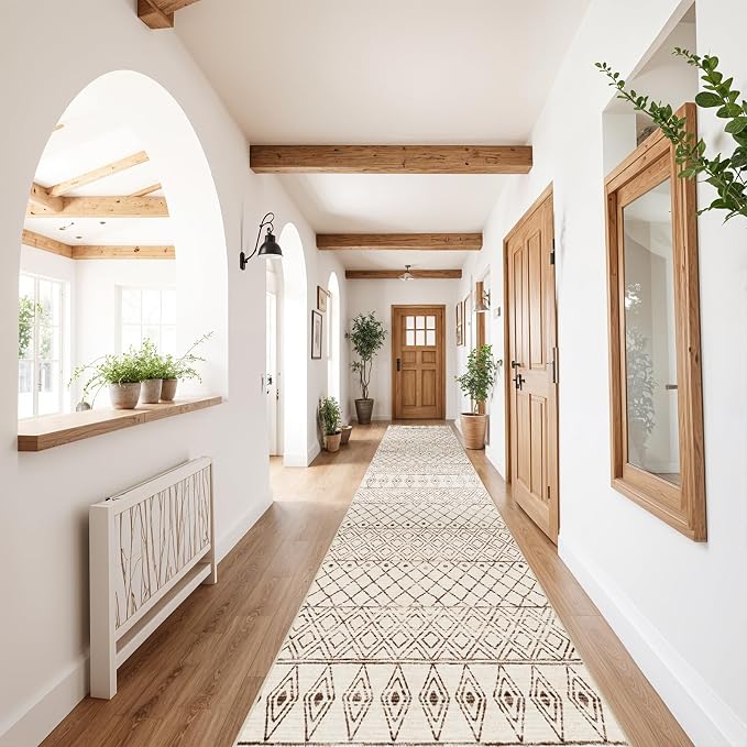 2'6"x12' Hallway Runner Rug Moroccan: Machine Washable Runner Rugs Beige | Low Pile Geometric Rug with Rubber Backing Soft Long Floor Mat Non Slip Vintage Indoor Carpet for Bedroom Entryway
