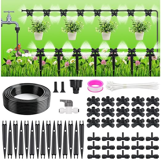 50FT Drip Irrigation System Kit, Garden Watering System with Quick Connectors 1/4 inch Drip Tubing & Quick Connect Fittings Adjustable Mist, Watering System for Outdoor Plants