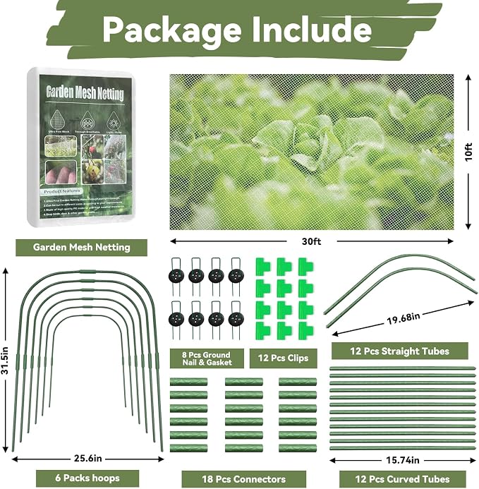 Garden Mesh Netting Kit for Raised Beds, 10 * 30 FT Ultra Fine Plant Netting Covers with 6 Pcs Wide Garden Hoops & 12 Clips, 8 Ground Stakes Protect Greenhouse Fruit Vegetable Flowers from Birds Bugs