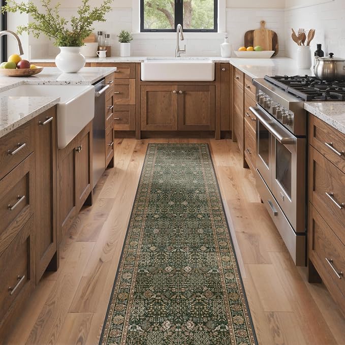 2x10 Kitchen Runner Rug, Washable Non Slip, Dark Green Brown | Vintage Floral Design, Spill Resistant Lightweight Low Pile Carpet for Hallway, Bedroom, Laundry Room, Bathroom