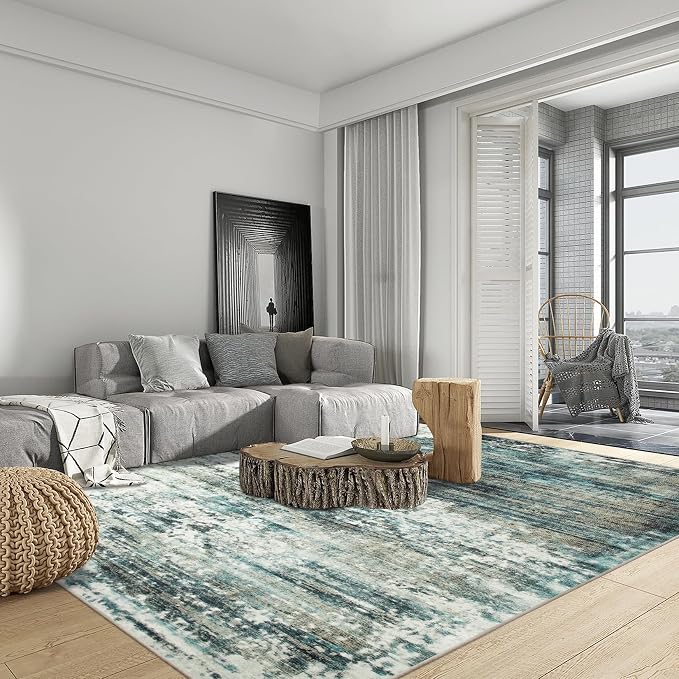 9x12 Area Rugs for Living Room: Washable Abstract Teal Green Badroom Carpet | Non-slip TPE backing makes this washable soft low-pile rug safe & durable, Pet-friendly decor for dining room,nursery,office