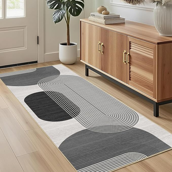 Boho Runner Rug 2x6 for Hallway Kitchen Bedroom,Bohemian Runner Rugs Washable Modern Geometric Rug Non-Slip Printed Low Pile Long Floor Carpet Mat for Bedroom Laundry,Grey and Black