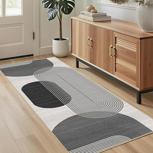 Boho Runner Rug 2x6 for Hallway Kitchen Bedroom,Bohemian Runner Rugs Washable Modern Geometric Rug Non-Slip Printed Low Pile Long Floor Carpet Mat for Bedroom Laundry,Grey and Black