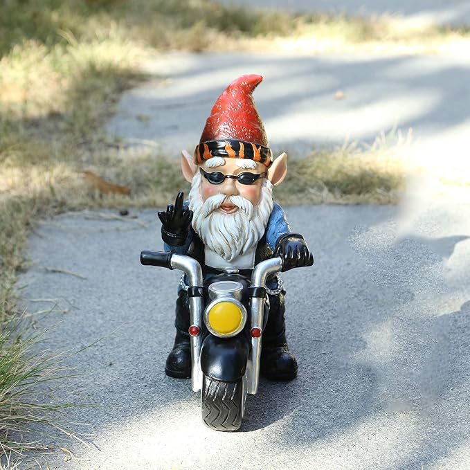 Garden Gnome Riding Motorcycle Funny Outdoor Gnome Decoration Indoor Outdoor Lawn Figurines for Home Yard Décor, Medium