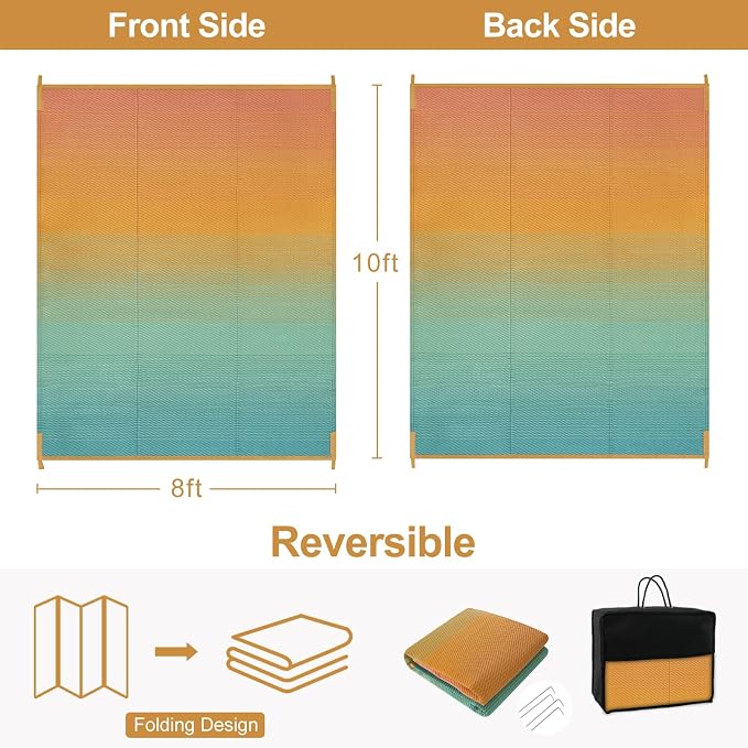 Lahome Extra Large Outdoor Rug 8x10 Patio Waterproof,Reversible Camping Rugs Plastic Straw Rv Mats for Outside Under Awning,Portable Lightweight Carpet for Backyard, Blue-Orange 8x10