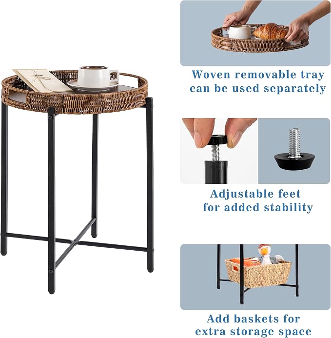 16.5in Round Rattan Side Table with Wooden Top, Small Wicker End Table, Indoor/Outdoor Use