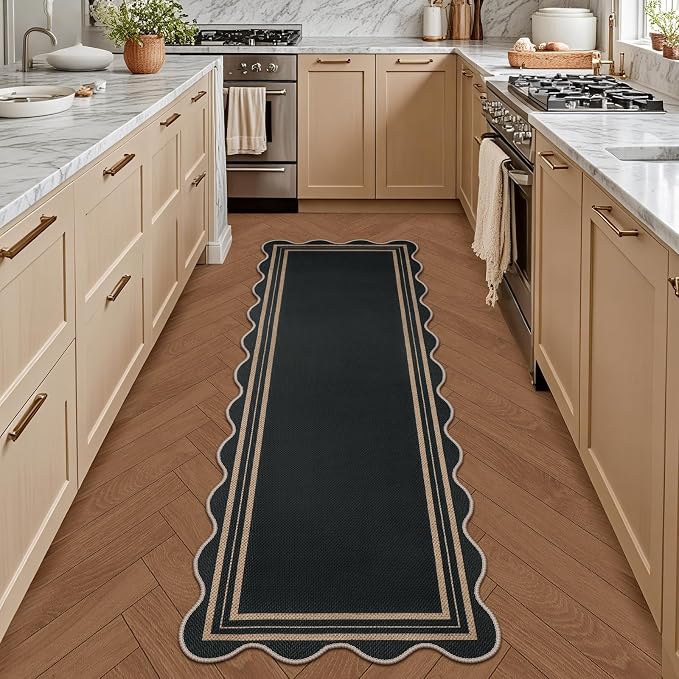 Scalloped 2x6 Kitchen Runner Rug, Washable Rugs for Entryway Non Slip Outdoor Indoor Black Hallway Rug, Farmhouse Morden Carpet for Entry Bedroom Laundry